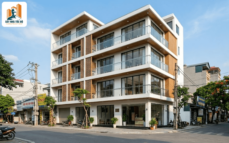 Phối cảnh mặt tiền một mô hình nhà trọ cao cấp hiện đại do Xây Nhà Tốc Độ thiết kế, thu hút người thuê trẻ.