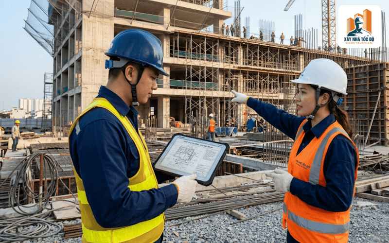 Đội ngũ kỹ sư Xây Nhà Tốc Độ đang giám sát thi công một dự án mô hình nhà trọ cao cấp, đảm bảo chất lượng và tiến độ.