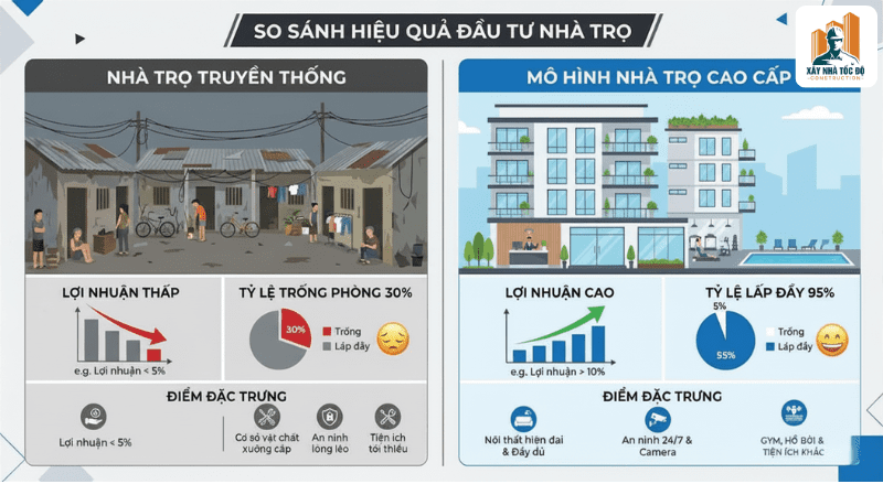 Infographic so sánh hiệu quả đầu tư giữa mô hình nhà trọ cao cấp và nhà trọ truyền thống, thể hiện sự khác biệt về lợi nhuận và tỷ lệ lấp đầy.