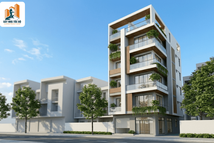 Phối cảnh mặt tiền tòa nhà kinh doanh căn hộ dịch vụ 5 tầng phong cách hiện đại do Xây Nhà Tốc Độ thiết kế.