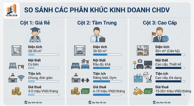 Infographic so sánh các phân khúc trong kinh doanh căn hộ dịch vụ: giá rẻ, tầm trung, và cao cấp.