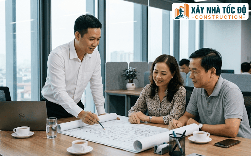 Kỹ sư Xây Nhà Tốc Độ đang tư vấn về bản vẽ và giấy phép xây dựng cho chủ đầu tư mô hình chung cư mini.
