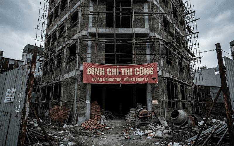 Hình ảnh một công trình mô hình chung cư mini bị đình chỉ thi công do vi phạm pháp lý.