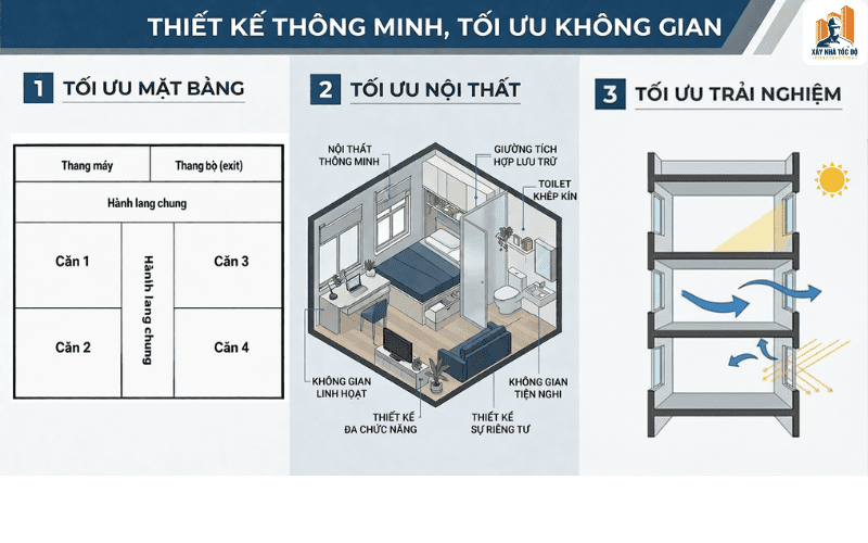 Infographic 3 lớp tối ưu trong thiết kế mô hình chung cư mini, bao gồm mặt bằng, nội thất và trải nghiệm sống.