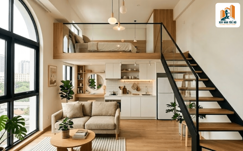 Căn hộ studio 28m2 có gác lửng trong mô hình chung cư mini, tối ưu không gian sống.
