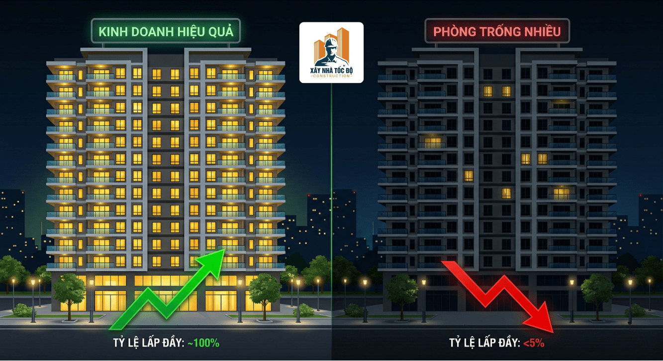 So sánh hiệu quả giữa mô hình căn hộ cho thuê được lấp đầy 99% và mô hình có tỷ lệ trống cao, ảnh hưởng trực tiếp đến dòng tiền.