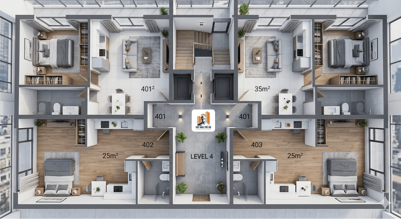 Bản vẽ 3D mặt bằng tối ưu hóa số phòng và công năng cho mô hình căn hộ cho thuê của Xây Nhà Tốc Độ.