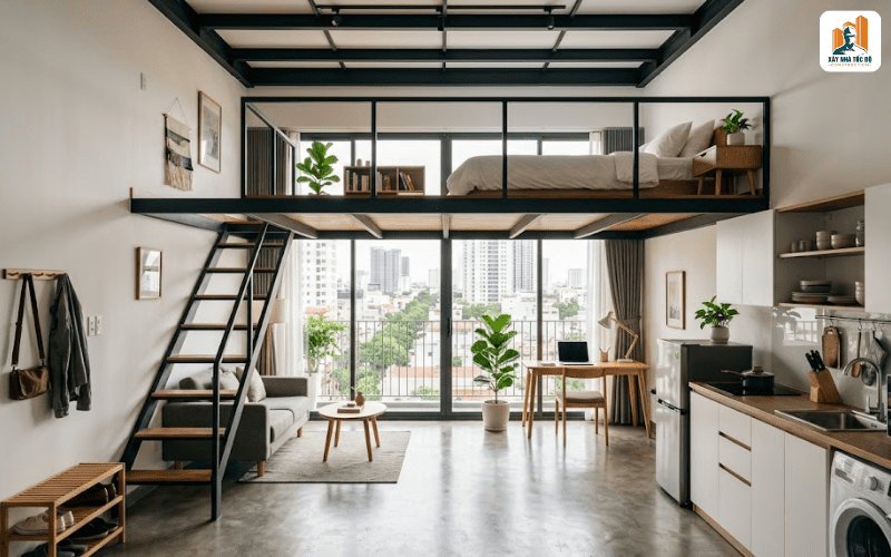 Nội thất một căn hộ studio trong mô hình chung cư mini hiện đại, đáp ứng nhu cầu sống chất lượng của người thuê.