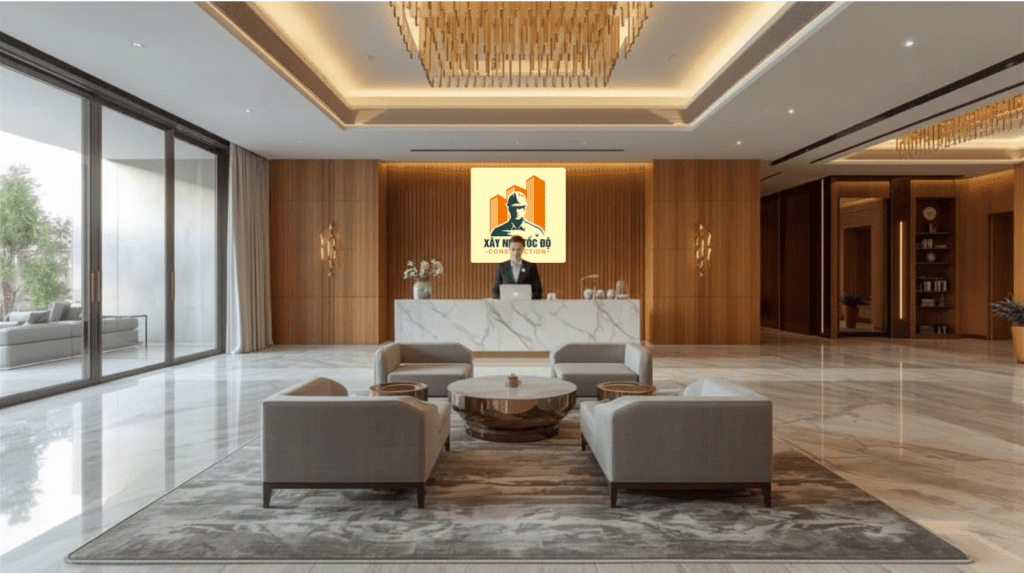 Sảnh chờ sang trọng của một mô hình nhà trọ cao cấp, yếu tố quan trọng để định giá cao.