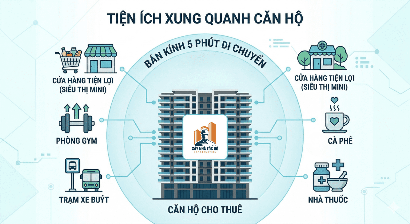 Hệ sinh thái tiện ích gồm siêu thị, quán cafe, trạm xe buýt xung quanh một mô hình căn hộ cho thuê lý tưởng.