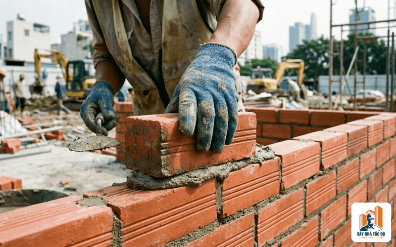 Cận cảnh thi công tường gạch đặc cách âm, một yếu tố quan trọng trong kinh doanh căn hộ cho thuê cao cấp.