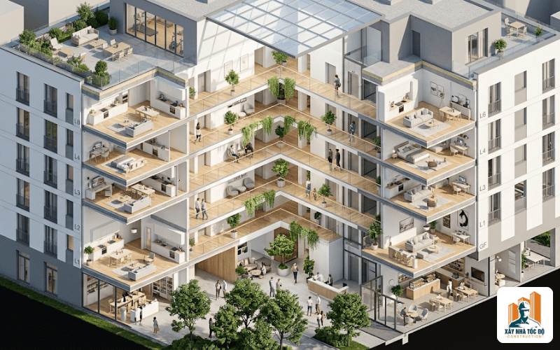 Bản vẽ 3D mặt cắt tòa nhà tối ưu cho việc kinh doanh căn hộ cho thuê, thể hiện giếng trời và hành lang thông thoáng.