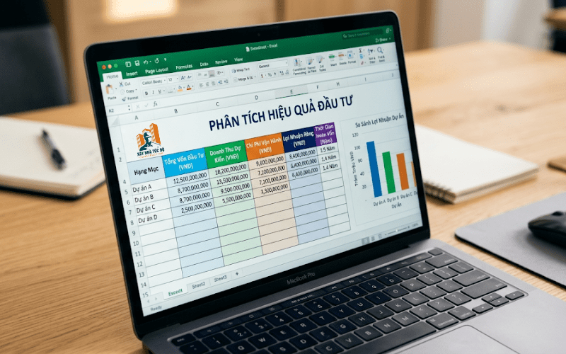 Giao diện file excel bảng tính dòng tiền chuyên nghiệp của Xây Nhà Tốc Độ để phân tích dự án xây nhà cho thuê.