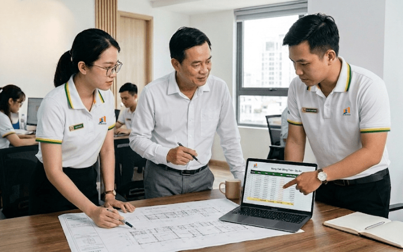 Kiến trúc sư và nhà đầu tư cùng xem xét bảng tính dòng tiền và bản vẽ thiết kế xây nhà cho thuê.