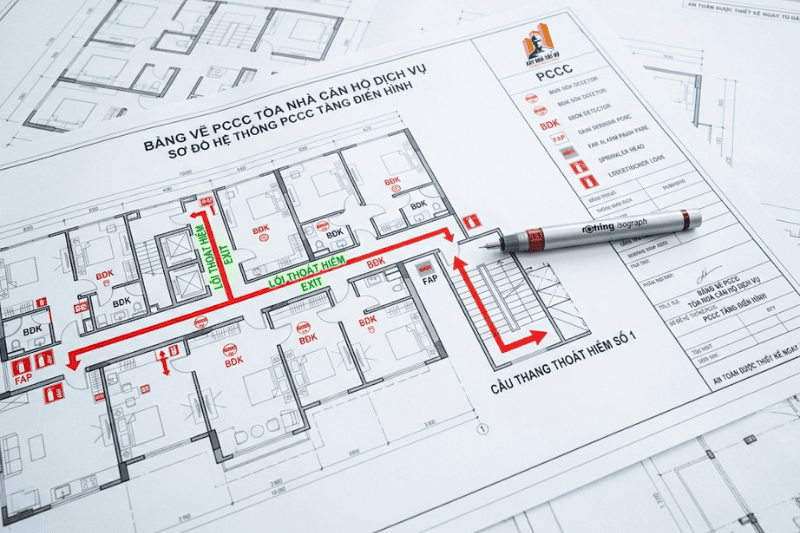 Sơ đồ mặt bằng thiết kế PCCC chuẩn khi xây căn hộ dịch vụ, thể hiện lối thoát hiểm và hệ thống báo cháy.