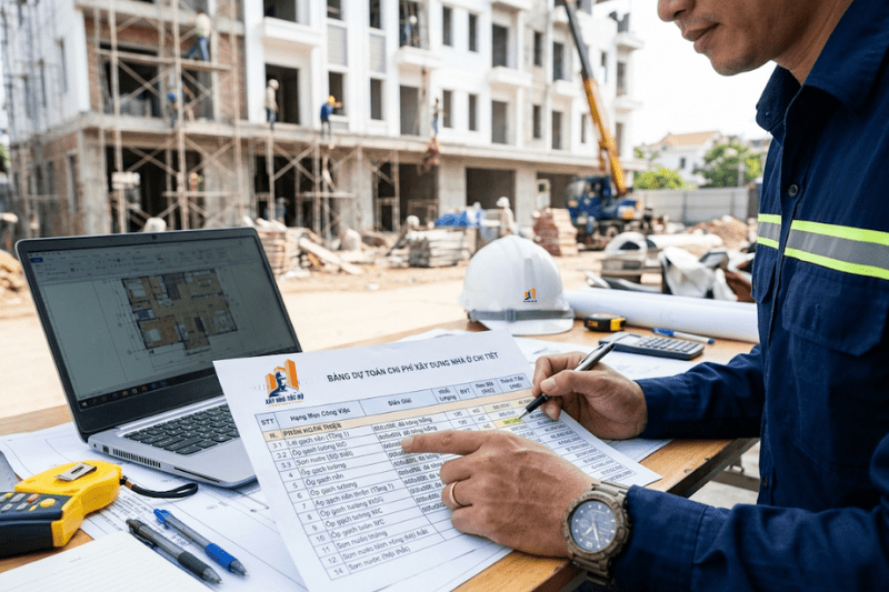 Bảng dự toán chi phí chi tiết khi xây căn hộ dịch vụ do Xây Nhà Tốc Độ lập mẫu.