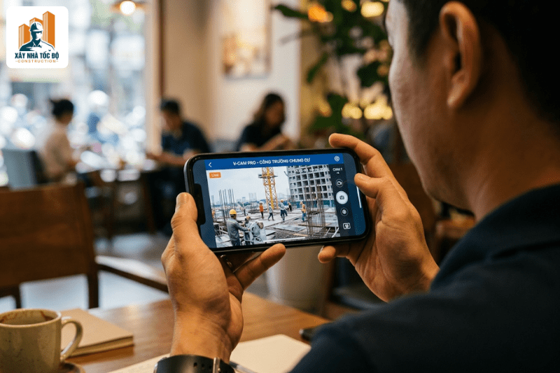 Chủ đầu tư giám sát tiến độ qua camera, một dịch vụ của công ty xây căn hộ dịch vụ chuyên nghiệp.