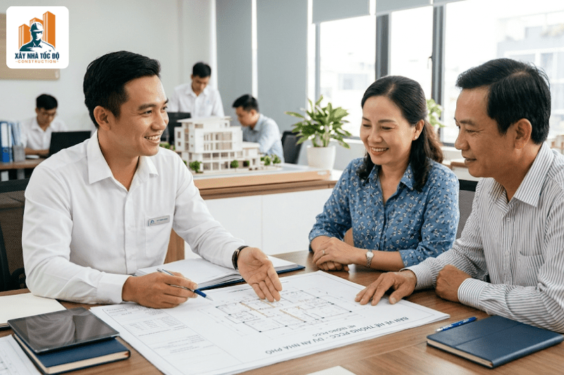 Đội ngũ kỹ sư của công ty xây căn hộ dịch vụ chuyên nghiệp Xây Nhà Tốc Độ đang tư vấn pháp lý PCCC cho khách hàng.