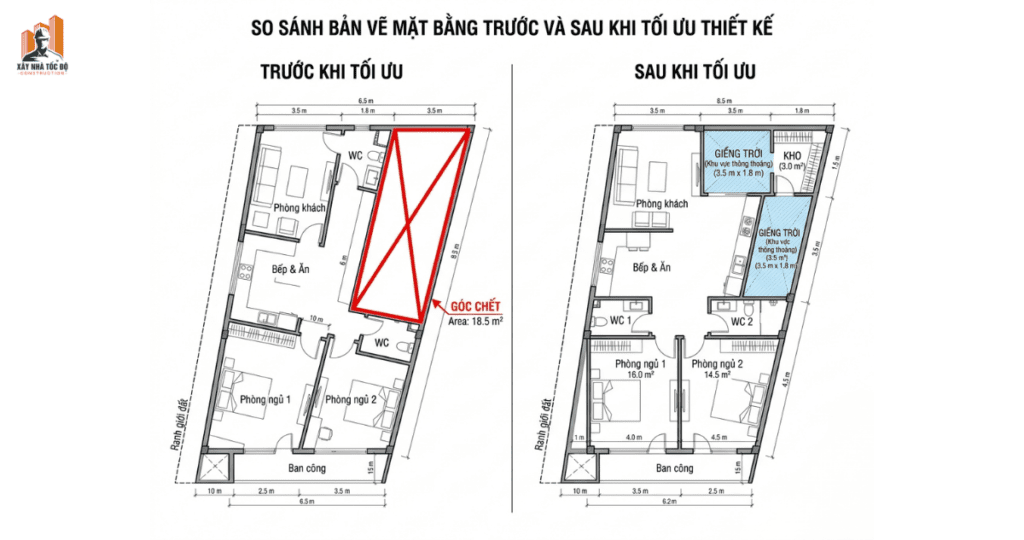 Bản vẽ so sánh trước và sau khi áp dụng giải pháp thi công CHDV trọn gói cho đất méo.