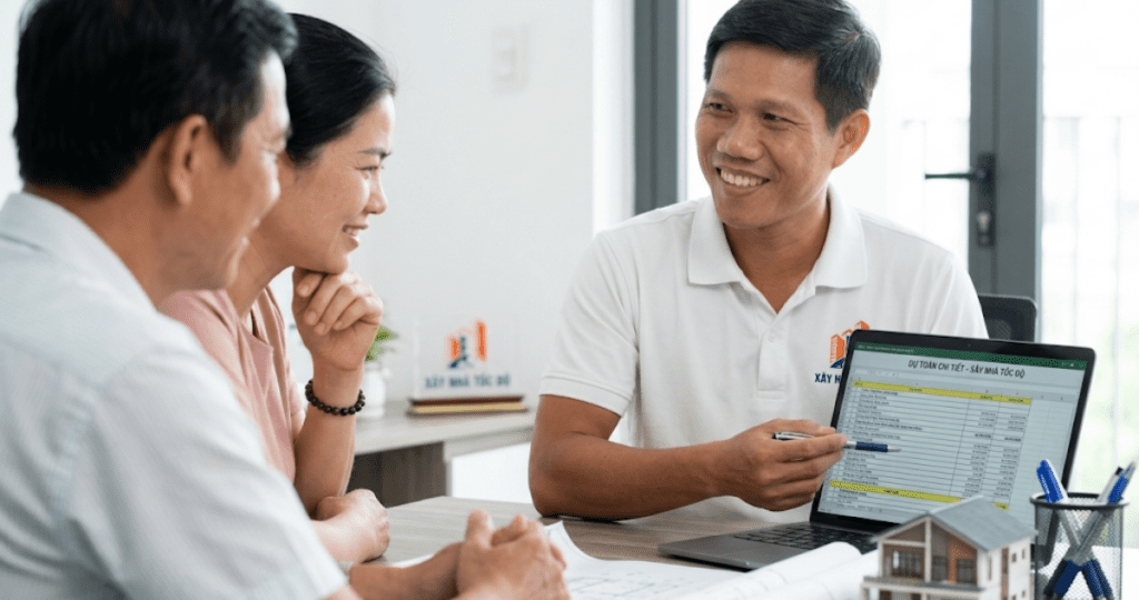 Kỹ sư Xây Nhà Tốc Độ đang tư vấn bảng dự toán chi phí xây chdv trọn gói cho chủ đầu tư.