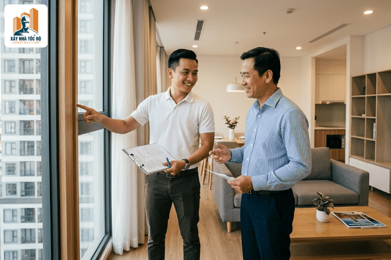 Kỹ sư Xây Nhà Tốc Độ thực hiện nghiệm thu căn hộ dịch vụ cùng chủ đầu tư, cầm checklist kiểm tra chi tiết.