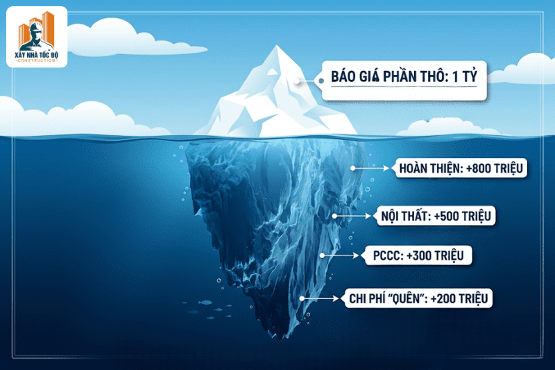 Hình ảnh một tảng băng trôi, minh họa cho rủi ro từ báo giá thi công căn hộ dịch vụ bị chia nhỏ, phần chi phí ẩn lớn hơn nhiều phần báo giá ban đầu.