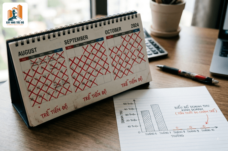 Một tờ lịch bị xé đi, bên cạnh là biểu đồ doanh thu sụt giảm, minh họa cho việc chậm tiến độ từ báo giá thi công căn hộ dịch vụ không đáng tin cậy.