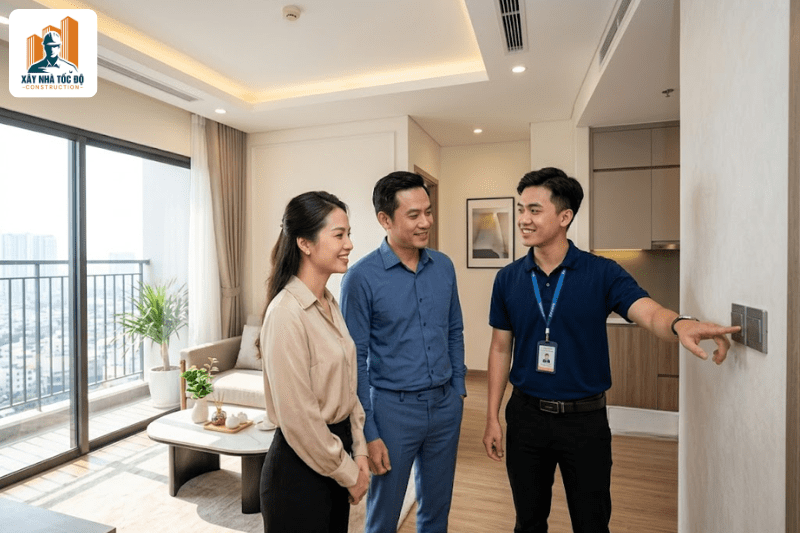 Đội ngũ Xây Nhà Tốc Độ dẫn khách hàng tham quan dự án đã hoàn thiện để thẩm định trước khi ký hợp đồng báo giá thi công căn hộ dịch vụ.