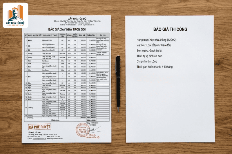 o sánh bảng báo giá thi công căn hộ dịch vụ chi tiết của Xây Nhà Tốc Độ và một báo giá sơ sài, thiếu hạng mục.