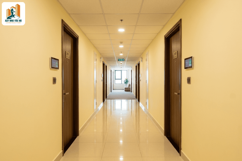 Chọn hướng cửa màu sơn cho khu vực chung của căn hộ dịch vụ, tạo ấn tượng chuyên nghiệp.