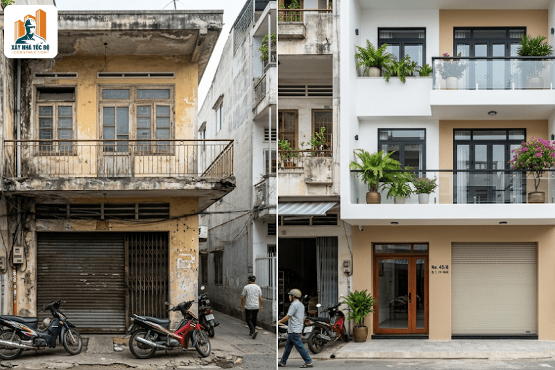 Hình ảnh trước và sau khi quyết định cải tạo nhà nát hay xây mới để cho thuê.