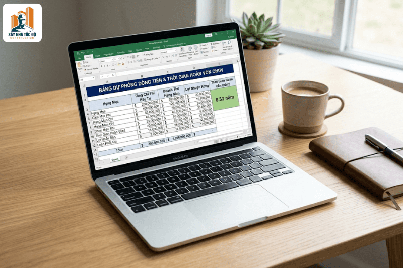 Bảng tính excel minh họa công thức và cách tính thời gian hoàn vốn cho một dự án căn hộ dịch vụ thực tế.