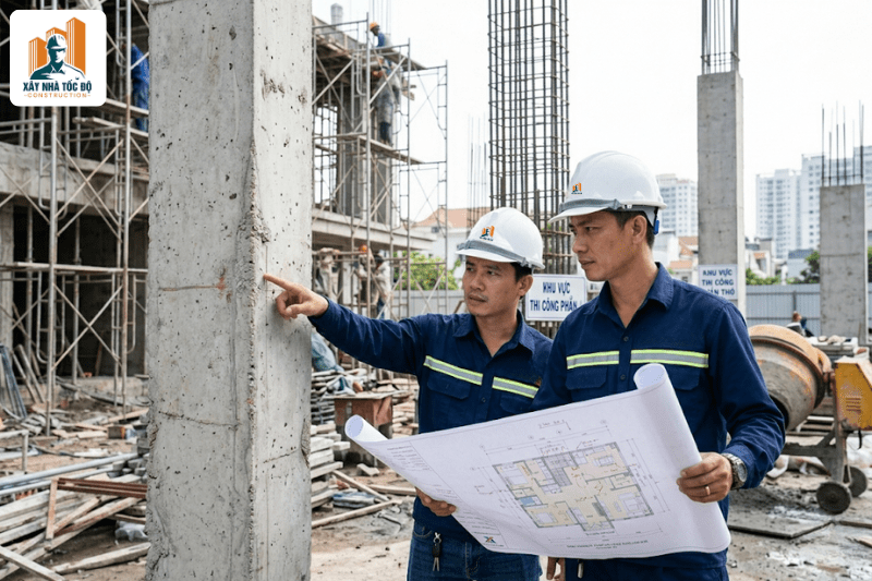 Đội ngũ kỹ sư Xây Nhà Tốc Độ đang giám sát thi công một dự án xây căn hộ dịch vụ.