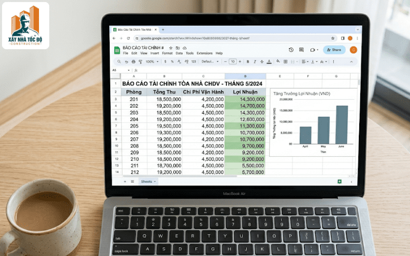 Bảng tính Excel quản lý tài chính trong kinh doanh căn hộ dịch vụ.