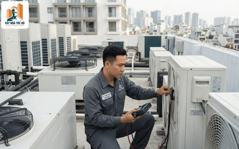Đội ngũ kỹ thuật thực hiện bảo trì định kỳ, một phần quan trọng của việc kinh doanh căn hộ dịch vụ.