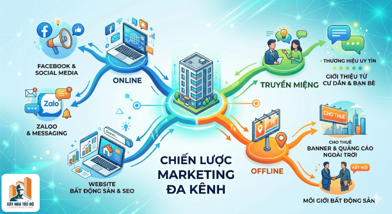 Sơ đồ các kênh marketing hiệu quả cho việc kinh doanh căn hộ cho thuê, từ online đến offline.