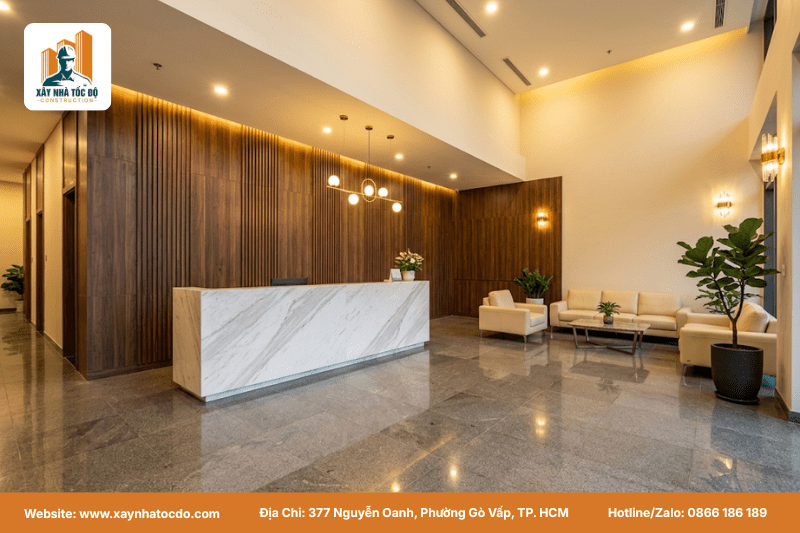 Tiêu chuẩn thiết kế sảnh lễ tân sang trọng cho mô hình căn hộ dịch vụ cao cấp dành cho chuyên gia nước ngoài.