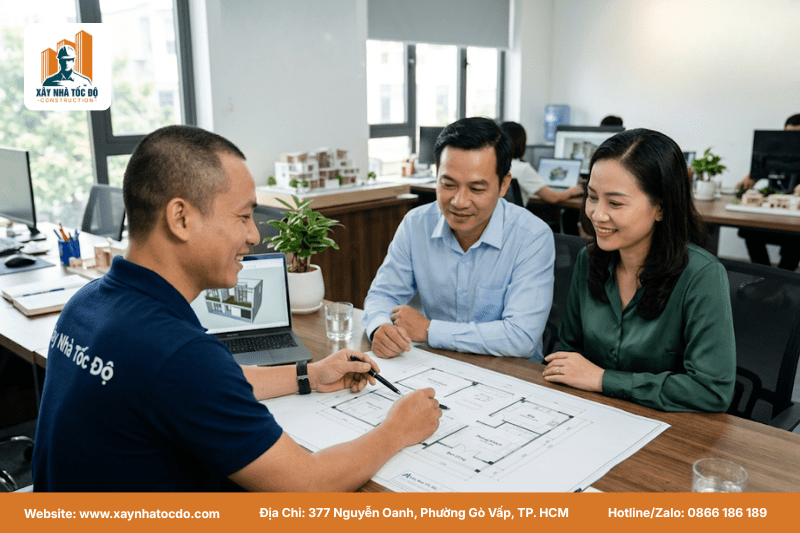 Kỹ sư Xây Nhà Tốc Độ đang tư vấn cho khách hàng về mô hình căn hộ dịch vụ tối ưu nhất trên bản vẽ.