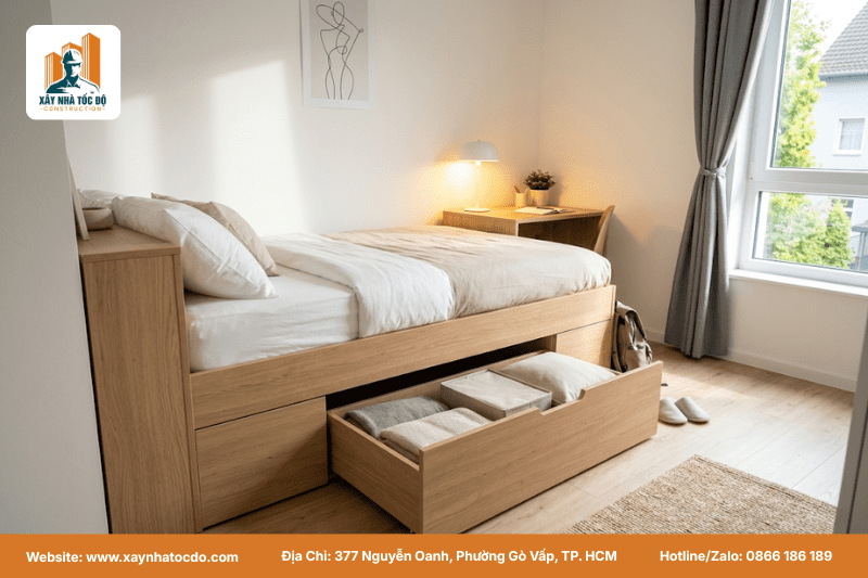 Nội thất thông minh như giường có ngăn kéo được sử dụng trong dự án đầu tư căn hộ dịch vụ.