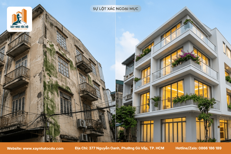 Hình ảnh so sánh trước và sau khi cải tạo mặt bằng cũ thành dự án đầu tư căn hộ dịch vụ hiện đại.