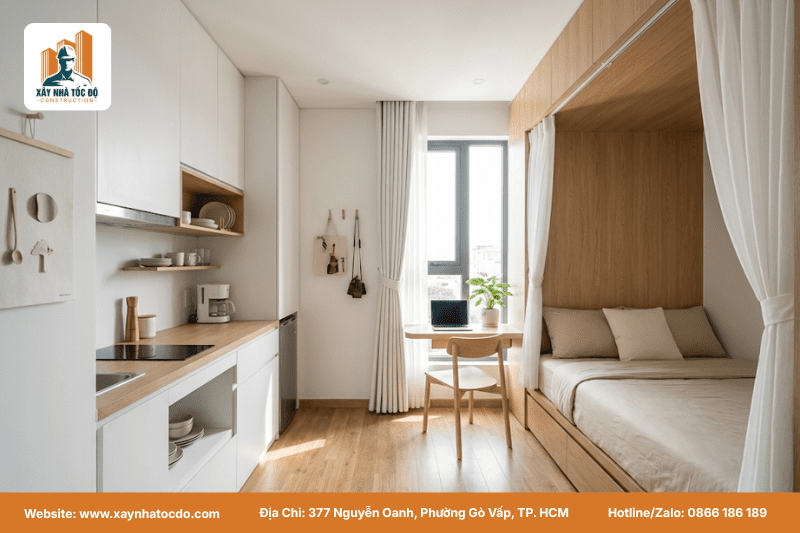 Mẫu thiết kế sau khi chọn phân khúc xây căn hộ dịch vụ mini studio, tối ưu không gian 22m2 và chi phí.