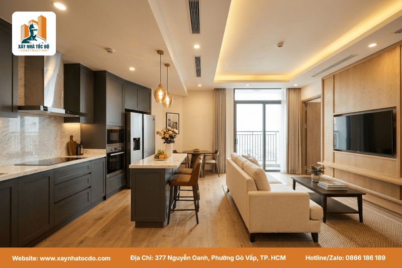 Nội thất căn hộ dịch vụ 1 phòng ngủ sau khi chọn phân khúc xây căn hộ dịch vụ cho chuyên gia nước ngoài.