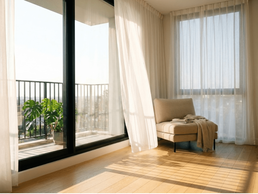 Căn phòng trong mô hình nhà trọ cao cấp có ban công và cửa sổ lớn đầy ánh sáng tự nhiên.