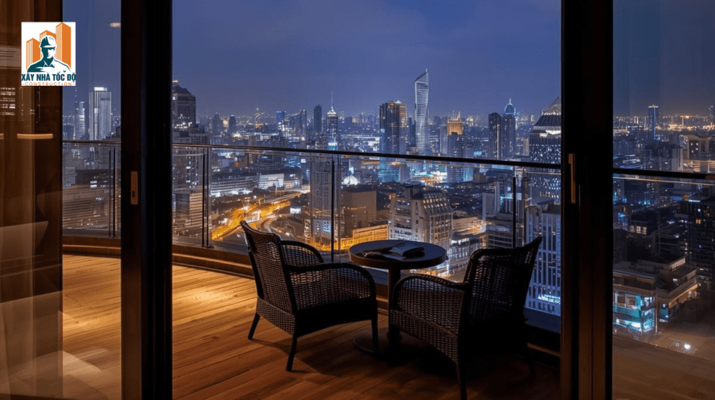 Ban công view đẹp của một mô hình nhà trọ cao cấp, thể hiện lợi thế cạnh tranh độc nhất.