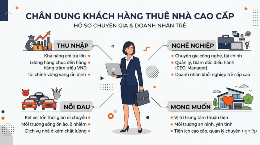 Infographic chân dung khách hàng mục tiêu của mô hình nhà trọ cao cấp, bao gồm thu nhập, nghề nghiệp và mong muốn.