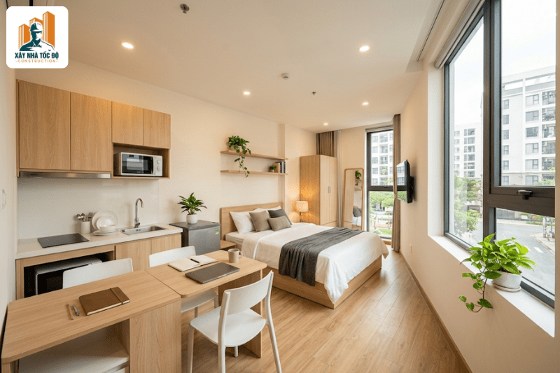 Nội thất một phòng trong dự án xây căn hộ dịch vụ, tối ưu không gian và đầy đủ tiện nghi, sẵn sàng cho thuê.