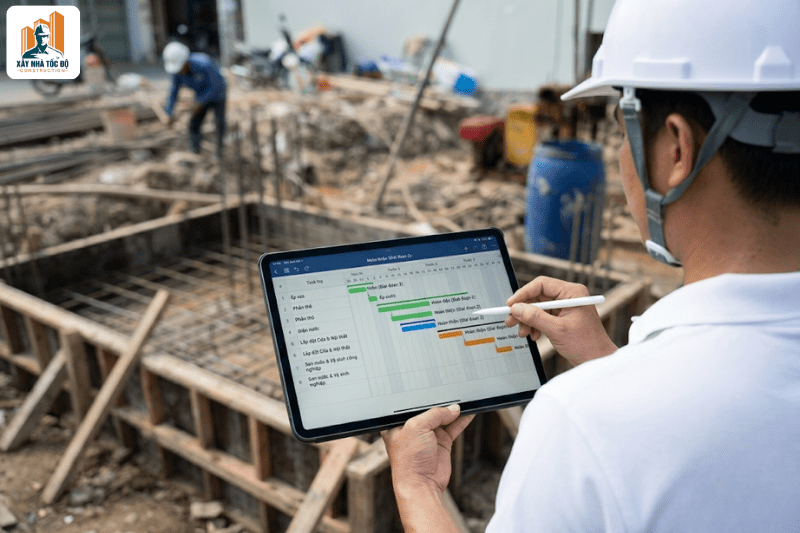Biểu đồ Gantt thể hiện kế hoạch thi công căn hộ dịch vụ chuyên nghiệp, đảm bảo tiến độ.