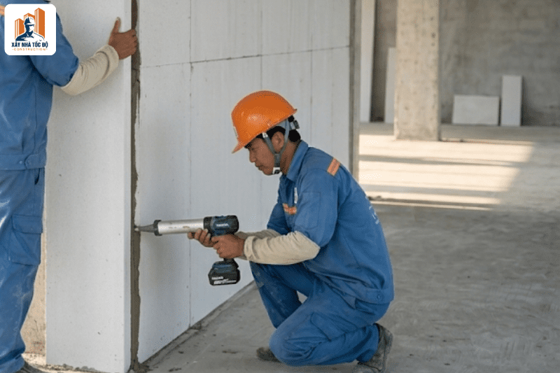 Hình ảnh đội ngũ Xây Nhà Tốc Độ đang thi công căn hộ dịch vụ bằng tấm tường bê tông nhẹ ALC.