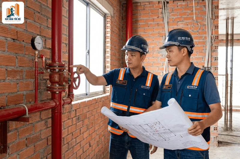 Giám sát thi công căn hộ dịch vụ, kiểm tra hệ thống đường ống PCCC âm tường theo đúng bản vẽ thẩm duyệt.
