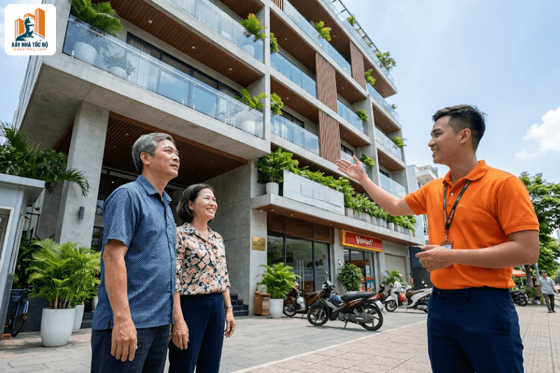 Một nhà thầu xây chdv uy tín đang giới thiệu công trình thực tế cho chủ đầu tư.